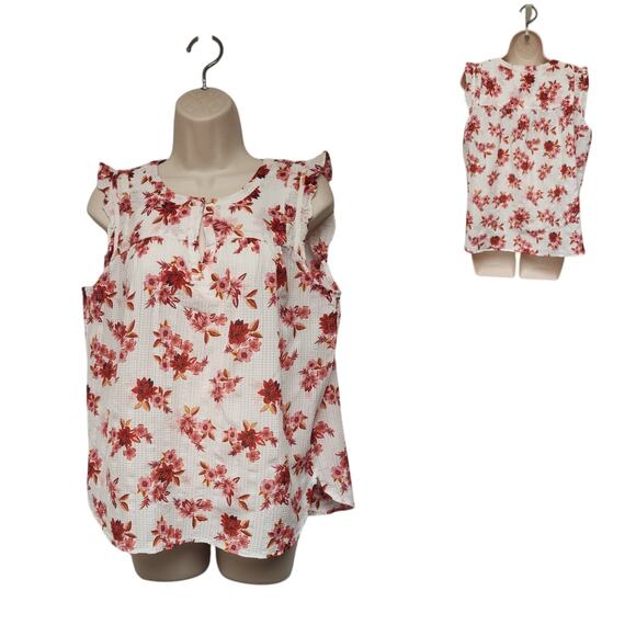 Loft Zinnia Ruffle Sleeve Split Neck Shell Red/Cream Size Large - Picture 3 of 10